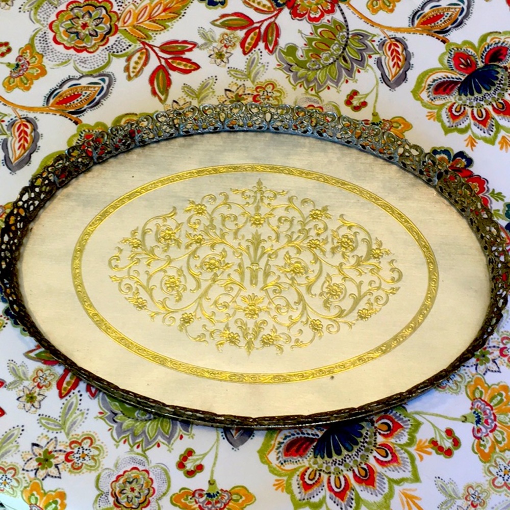 Vintage and hard to find gold vanity filigree etched mirrored tray